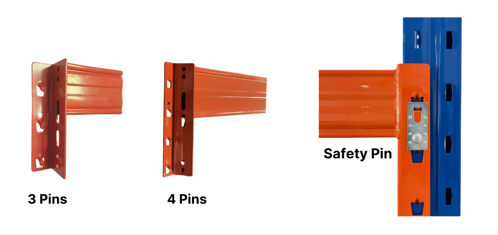 Pallet rack beams and safety pins