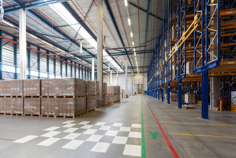 Wide angle view of warehouse rack safety lanes.