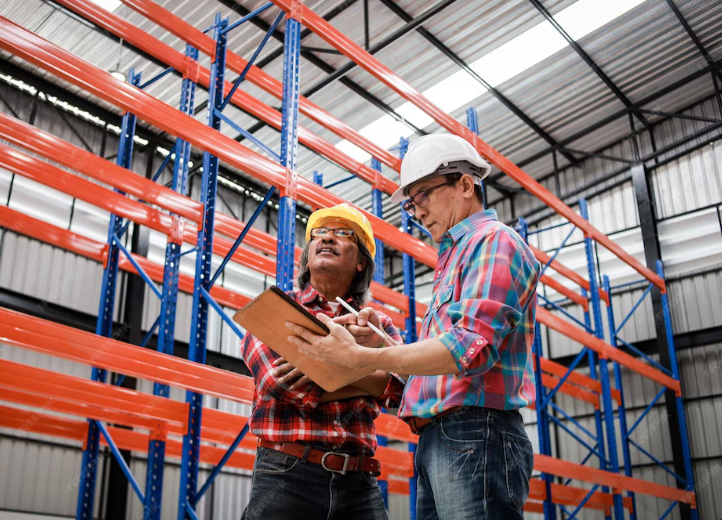 workers are checking  the steel and aluminum racks