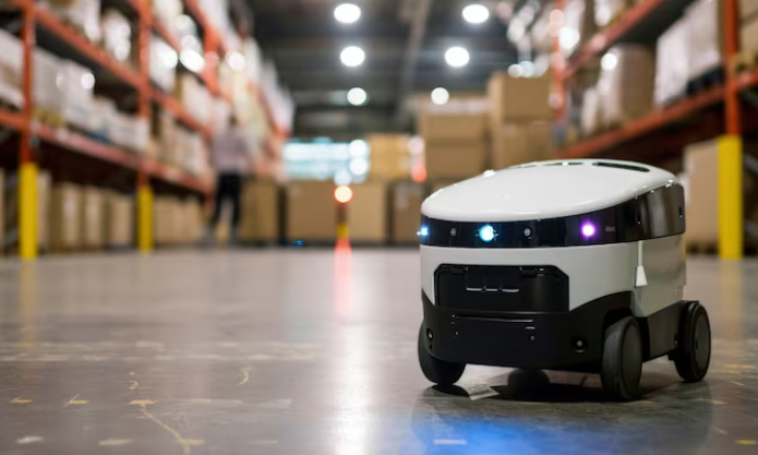 An Automated Guided Vehicle (AGV) or Autonomous Mobile Robot (AMR) is operating in the warehouse aisle.